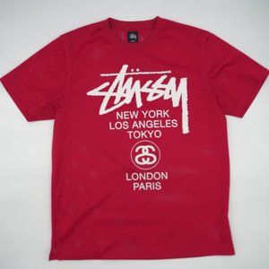 Stussy Red Mesh Jersey New York Los Angeles Tokyo London Paris Size Medium